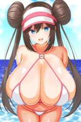  :d absurdres bare_arms bikini blue_eyes blue_sky breasts brown_hair cleavage cloud collarbone commentary_request cowboy_shot day female hair_between_eyes highres horizon huge_breasts long_hair looking_at_viewer nabeshiita_(atsuryoku_nabe) navel ocean outdoors pokemon pokemon_bw2 rosa_(pokemon) sidelocks skindentation sky smile solo standing swimsuit teeth twintails upper_teeth_only white_bikini 