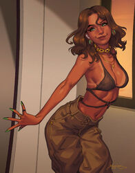  1girls aged_up artist_signature bikini_top blanclauz brown_hair cargo_pants dark-skinned_female dark_skin earrings female gauged_ear gold_chain gold_necklace green_eyes green_nail_polish green_nails indoors large_breasts medium_breasts medium_hair necklace nina_(blanclauz) ring smirk solo standing tan tanline tanned tanned_skin window 