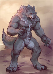  absurd_res anthro biceps blizzard_entertainment canid claws fangs fur hi_res male mammal muscular muscular_anthro muscular_male notsophatmatt nude paws red_eyes solo tail teeth warcraft were werecanid worgen 