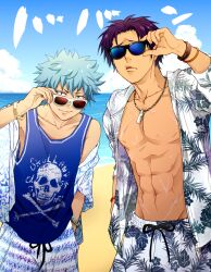  2boys abs adjusting_eyewear beach blue_hair blue_shirt bracelet day hachiwata hand_in_pocket hawaiian_shirt jewelry kaidou_shun kuboyasu_aren light_blue_hair looking_at_viewer male_focus male_swimwear multiple_boys navel necklace outdoors purple_hair saiki_kusuo_no_psi_nan scar scar_on_chest scar_on_stomach shirt short_hair skull_print standing sunglasses swim_trunks toned 