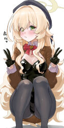  :o beret black_gloves black_hat black_leotard blonde_hair blue_archive blush bow bowtie breasts brown_jacket cheese_2_go cleavage collar detached_collar female gloves green_eyes grey_pantyhose hair_between_eyes hair_over_one_eye halo hat highres jacket leotard long_hair looking_at_viewer pantyhose professor_niyaniya_(blue_archive) red_bow red_bowtie side_ahoge sidelocks sideways_glance solo squatting strapless strapless_leotard v v-shaped_eyebrows very_long_hair white_collar yellow_halo 