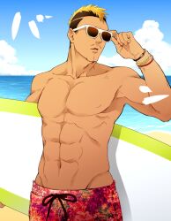  1boy abs beach black_hair blonde_hair cleft_chin collarbone day hachiwata hand_up holding holding_surfboard male_focus male_swimwear multicolored_hair muscular navel nendou_riki outdoors pectorals saiki_kusuo_no_psi_nan short_hair sunglasses surfboard swim_trunks tan two-tone_hair very_short_hair white-framed_eyewear wristband 