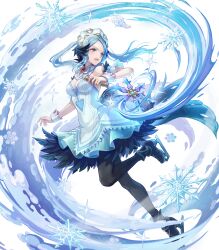  aqua_eyes attack bare_shoulders black_feathers black_footwear black_leggings blue_eyes breasts cleavage dress feather_trim feathers female fire_emblem fire_emblem_fates fire_emblem_heroes flora_(fire_emblem) flora_(ice)_(fire_emblem) frost highres ice ice_skates leggings medium_breasts non-web_source official_alternate_costume official_art skates solo twintails v-shaped_eyebrows white_dress 