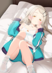  bare_shoulders bed_sheet blue_jacket blue_shorts blurry blush breath camisole collarbone colored_eyelashes depth_of_field dot_nose female flat_chest gakuen_idolmaster hair_ornament hairclip highres hosizora_mikoto idolmaster indoors jacket knees_together_feet_apart knees_up light_brown_hair long_hair long_sleeves looking_at_viewer lying midriff_peek off_shoulder on_back on_bed orange_eyes pants parted_lips pillow shadow shinosawa_hiro shorts socks solo track_pants track_suit white_camisole white_socks 