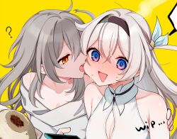  2girls ? baozi bare_shoulders biting black_hairband blue_eyes blush breasts cheek_biting cleavage cleavage_cutout clothing_cutout commentary_request firefly_(honkai:_star_rail) food grey_hair hairband hand_on_another&#039;s_shoulder head_steam holding holding_phone honkai:_star_rail honkai_(series) long_hair multiple_girls nervous_sweating off-shoulder_shirt off_shoulder open_mouth phone pink_eyes shirt simple_background stelle_(honkai:_star_rail) sweat trailblazer_(honkai:_star_rail) two-tone_dress unfinished upper_body white_shirt yellow_background yellow_eyes yodare_(3yami8) yuri 