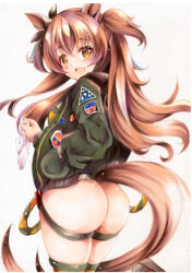  animal_ears ass bomber_jacket breasts commentary_request female hair_between_eyes hair_ornament harako_(axap4882) highres horse_ears horse_tail jacket looking_at_viewer mayano_top_gun_(umamusume) no_panties orange_hair simple_background small_breasts solo tail thighhighs umamusume white_background 