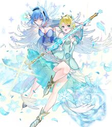  2girls attack backless_dress backless_outfit bare_legs bare_shoulders blonde_hair blue_eyes blue_hair breasts cape cleavage covered_navel dress feather_cape feather_trim fire_emblem fire_emblem_heroes fjorm_(fire_emblem) fjorm_(ice_tribe)_(fire_emblem) highres holding holding_polearm holding_weapon ice_horns ice_skates lance medium_breasts multiple_girls nifl_(fire_emblem) nifl_(ice_tribe)_(fire_emblem) non-web_source official_alternate_costume official_art open_mouth polearm short_hair skates small_breasts smile snowflakes sparkle tiara weapon white_cape 