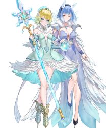  2girls bare_legs bare_shoulders blonde_hair blue_eyes blue_hair breasts cape cleavage covered_navel feather_cape feather_trim fire_emblem fire_emblem_heroes fjorm_(fire_emblem) fjorm_(ice_tribe)_(fire_emblem) highres holding holding_polearm holding_weapon ice_horns ice_skates lance looking_at_viewer medium_breasts multiple_girls nifl_(fire_emblem) nifl_(ice_tribe)_(fire_emblem) non-web_source official_alternate_costume official_art polearm short_hair skates small_breasts smile tachi-e tiara weapon white_cape 