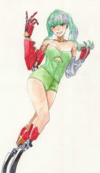  amputee bad_id bad_pixiv_id breasts buttons cleavage clothing_cutout collar copyright_request female gloves green_eyes green_hair grin highres long_hair mechanical_arms metal_collar multicolored_hair partially_fingerless_gloves prosthesis prosthetic_arm prosthetic_leg quadruple_amputee running_blades short_shorts shorts single_glove smile solo strapless suwami twintails 