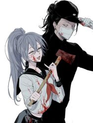  axe black_hair black_hat blood blood_on_axe blood_on_clothes blood_on_face blood_on_gloves blood_on_mask fallsoki female genderswap_(mtf) getou_suguru getou_suguru_(kenjaku) hat holding holding_axe jujutsu_kaisen mahito_(jujutsu_kaisen) ponytail putting_on_headwear rule_63 school_uniform smile stitches white_mask 