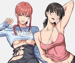  2girls absurdres black_hair braid braided_ponytail breasts chainsaw_man cleavage cross_scar highres hip_bones large_breasts long_hair looking_at_viewer makima_(chainsaw_man) mikey_pie multiple_girls open_mouth red_eyes ringed_eyes scar scar_on_cheek scar_on_face scar_on_nose shirt simple_background sleeveless smile underboob yellow_eyes yoru_(chainsaw_man) 