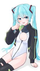  alice_gear_aegis aqua_eyes aqua_hair black_jacket black_thighhighs breasts circle_cutout cleavage_cutout clothing_cutout companion/af covered_collarbone female front_zipper full-length_zipper hatsune_miku highleg highleg_leotard highres jacket leotard okra_(osakimakkura33) race_queen simple_background sitting sleeveless_turtleneck_leotard small_breasts solo thighhighs turtleneck turtleneck_leotard twintails two-tone_leotard vocaloid white_background white_leotard zipper zipper_leotard zipper_pull_tab 