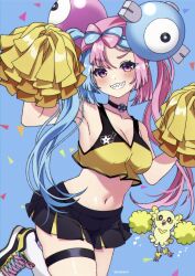  alternate_costume alternate_hairstyle armpits bare_shoulders black_choker black_skirt blue_background blue_hair blush bow-shaped_hair breasts character_hair_ornament cheerleader choker cleavage female hair_ornament highres iono_(pokemon) leg_up long_hair looking_at_viewer midriff multicolored_hair navel oricorio oricorio_(pom-pom) pink_eyes pink_hair pokemon pokemon_(creature) pokemon_sv pom_pom_(cheerleading) popo_(popopuri) sharp_teeth shirt skirt sleeveless sleeveless_shirt smile socks tank_top teeth thigh_strap twintails two-tone_hair white_socks yellow_shirt 