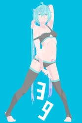  39 :q absurdres ahoge arm_behind_head arm_up armpits barcode barcode_tattoo black_bra black_panties black_thighhighs blue_eyes blue_hair bra breast_tattoo breasts closed_mouth commentary_request female full_body hair_between_eyes hara_id_21 hatsune_miku highres long_bangs long_hair looking_at_viewer miku_day navel no_lineart no_shoes number_tattoo panties simple_background small_breasts smile solo standing stirrup_legwear stomach_tattoo strap_slip tattoo thighhighs toeless_legwear tongue tongue_out twintails underwear underwear_only very_long_hair vocaloid 