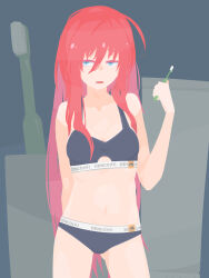  absurdres arm_behind_back black_bra black_panties blue_eyes bra breasts commentary_request cowboy_shot deto_tasuku drooling female grey_background hair_between_eyes hara_id_21 highres holding holding_toothbrush long_bangs long_hair looking_at_viewer navel no_lineart open_mouth panties red_hair sidelocks sleepy small_breasts solo station_memories toothbrush underwear underwear_only very_long_hair 