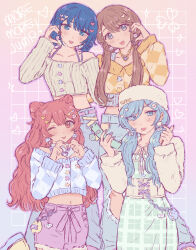  4girls :d absurdres bare_shoulders belt blue_cardigan blue_eyes blue_hair blue_nails blue_pants blush breasts brown_hair cardigan cellphone chain_necklace chains chase_my_ideal_idol!_(project_sekai) closed_mouth collarbone commentary corset cowboy_shot crop_top cross-laced_clothes cross-laced_corset cross-laced_pants cross-laced_skirt denim double_bun dress earrings english_commentary envelope_earrings feet_out_of_frame finger_heart flip_phone fur-trimmed_skirt fur_trim gold_necklace gradient_background green_dress grey_corset grey_eyes grey_shirt grid_background hair_between_eyes hair_bun hair_ornament hanasato_minori hand_up hands_up head_tilt heart heart_hair_ornament heart_hands heart_necklace highres hinomori_shizuku holding holding_phone jeans jewelry kiritani_haruka long_sleeves looking_at_viewer midriff momoi_airi more_more_jump!_(project_sekai) multiple_girls nail_polish navel necklace off-shoulder_shirt off_shoulder official_alternate_costume official_alternate_hairstyle one_eye_closed open_mouth orange_cardigan pants phone pink_eyes pink_hair pink_skirt plaid_clothes plaid_dress project_sekai puffy_long_sleeves puffy_sleeves purple_belt ribbed_shirt sana5353 shirt short_hair simple_background skirt sleeveless sleeveless_shirt smile sparkle standing standing_on_one_leg tongue tongue_out twintails white_shirt 