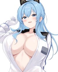  animal_ears arm_behind_back black_hairband blue_eyes blue_hair blush breasts cleavage collarbone commentary fake_animal_ears female gloves goddess_of_victory:_nikke hair_between_eyes hairband half_up_braid hand_up helm_(nikke) jacket large_breasts long_hair long_sleeves looking_at_viewer no_bra open_clothes open_jacket parted_lips partially_unbuttoned sa_(nax49) shoulder_boards sidelocks simple_background smile solo upper_body white_background white_gloves white_jacket 