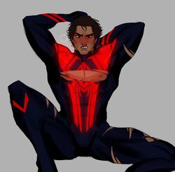  1boy arms_up blakk_red fangs latino looking_down male male_focus male_only marvel marvel_comics miguel_o&#039;hara muscles muscular muscular_male nipples robyablush spider-man spider-man:_across_the_spider-verse spider-man:_into_the_spider-verse spider-man_(series) spider-man_2099 spread_legs superhero text torn_clothes torn_clothing 