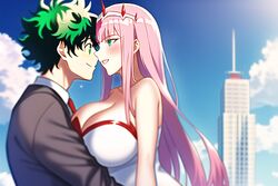  1boy 1girls ai_generated big_breasts blush blush_lines boku_no_hero_academia breasts clothed clothing crossover darling_in_the_franxx deku female green_eyes green_hair huge_breasts izuku_midoriya large_breasts light-skinned_female light-skinned_male light_skin long_breasts long_hair male messy_hair midoriya_izuku my_hero_academia no_sex pink_hair u.a._school_uniform white_dress zero_two_(darling_in_the_franxx) 