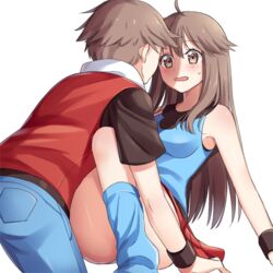  1boy1girl blue_socks blush brown_eyes brown_hair clothed clothing cute female kneehighs leaf_(pokemon) long_hair looking_at_another loose_socks male medium_breasts on_all_fours on_knees open_mouth pale-skinned_female pale-skinned_male pale_skin panties pokemon pokemon_frlg red_(pokemon) scbstella short_hair sitting_down socks surprised sweat sweatdrop thick_thighs white_background wholesome 