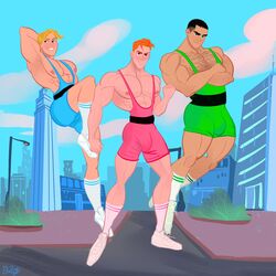  3boys biceps big_bulge blossom_(powerpuff_girls) blueboybara bubbles_(powerpuff_girls) bulge bulging_biceps buttercup_(powerpuff_girls) cartoon_network city clothed floating genderbend genderswap genderswap_(ftm) hairy_chest huge_bulge male male_only muscles muscular muscular_male outdoors outside pecs posing powerpuff_girls rule_63 smooth_chest smooth_skin thick_thighs 