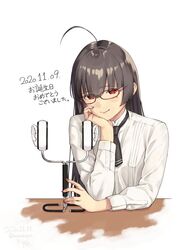  ahoge asase_yuugi binaural_microphone black_hair black_necktie closed_mouth dated female glasses hair_between_eyes haks hand_on_own_cheek hand_on_own_face herio highres long_hair looking_at_viewer microphone mole mole_under_eye necktie red-framed_eyewear red_hair shirt signature simple_background smile solo twitter_username virtual_youtuber white_background white_shirt yugi_hinnnyou 