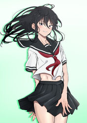  1boy black_hair black_skirt crossdressing grey_eyes grin highres light_blush long_hair male_focus midorisandori otoko_no_ko sailor_collar school_uniform seike_taroumaru serafuku shirt skirt smile solo standing toaru_kagaku_no_accelerator toaru_majutsu_no_index white_shirt 