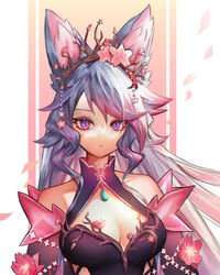  absurdres animal_ears bare_shoulders blue_hair breasts choker cleavage collarbone female flower flower_choker flower_ornament gradient_hair head_wreath highres large_breasts long_hair looking_at_viewer multicolored_hair pink_hair purple_eyes shouz silvervale silvervale_(sakura_goddess) solo upper_body very_long_hair virtual_youtuber vshojo wolf_ears wolf_girl 