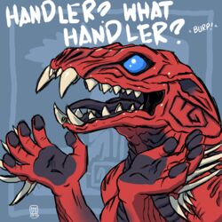  1:1 2019 5_fingers absurd_res capcom english_text fanged_wyvern fingers hi_res megawolf77 monster_hunter odogaron onomatopoeia open_mouth red_body sharp_teeth solo sound_effects teeth text tongue 