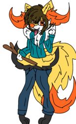  alpha_channel anthro axelo_the_braixen axelocraft1500_(artist) black_body black_fur blue_clothing braixen brown_hair canid canine clothing fox fur generation_6_pokemon hair happy male mammal nintendo pokemon pokemon_(species) red_body red_fur solo stick white_body white_fur yellow_body yellow_fur 