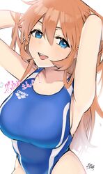  armpits arms_up bad_id bad_twitter_id blue_eyes blue_one-piece_swimsuit blush breasts charlotte_e._yeager commentary_request commission competition_swimsuit emirio_(emirio110) female hair_between_eyes hands_in_hair highres large_breasts long_hair looking_at_viewer one-piece_swimsuit orange_hair parted_lips simple_background skeb_commission solo strike_witches swimsuit third-party_source very_long_hair wet white_background world_witches_series 