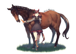  animal_ears boots brown_hair carrot character_name commentary creature_and_personification dress female highres horse horse_ears horse_girl horse_tail nice_nature_(racehorse) nice_nature_(umamusume) real_life shimotsuki_eight smile solo tail twintails umamusume white_background 