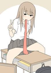  blush commentary convenient_censoring desk female juukyuu light_brown_hair long_hair mouth_hold necktie on_desk original school_desk school_uniform sitting solid_eyes solo spread_legs unworn_necktie v white_background 