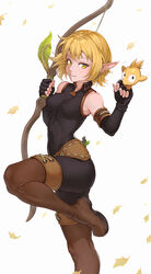  animal bare_shoulders belt black_gloves blonde_hair blush bodysuit boots bow_(weapon) breasts brown_footwear brown_thighhighs cheshirrr closed_mouth collarbone covered_navel cra_(wakfu) dofus elbow_gloves elf evangelyne_(wakfu) falling_leaves female fingerless_gloves freckles full_body gloves green_eyes hands_up highres leaf leg_up looking_at_viewer medium_breasts parted_lips pointy_ears short_hair sleeveless smile solo standing standing_on_one_leg thigh_boots thighhighs tofu_(dofus) wakfu weapon 