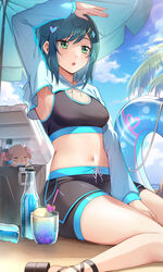  :o aqua_hair arm_up armpits beach beach_umbrella between_legs black_sports_bra blue_sky blush bottle breasts cloud commentary condensation cooler crop_top day delicious_party_precure drink female fuwa_kokone green_eyes hair_ornament hairclip hand_between_legs heart heart_hair_ornament highres innertube long_sleeves looking_at_viewer medium_breasts midriff navel outdoors palm_tree pam-pam_(precure) parted_lips precure print_innertube rumo sandals shading_eyes short_shorts shorts shrug_(clothing) sideboob sitting sky solo sports_bra stomach sweat swept_bangs swim_ring tree two-tone_shorts umbrella 