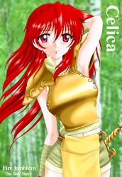  arm_behind_head arm_up armor breastplate celica_(fire_emblem) celica_(warrior_princess)_(fire_emblem) character_name commentary_request copyright_name female fire_emblem fire_emblem_gaiden hissaa_(starlight_express) looking_at_viewer navel partial_commentary pauldrons red_eyes red_hair shoulder_armor smile solo sword weapon yellow_armor 