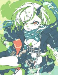  breasts cleavage clenched_teeth crazy dress female green_background green_hair green_theme hair_ornament holding holding_weapon ishikoro1645 jacket little_match_girl_(sinoalice) looking_at_viewer multicolored_hair open_mouth parted_lips red_eyes scarf short_hair simple_background sinoalice solo teeth two-tone_hair weapon white_hair 