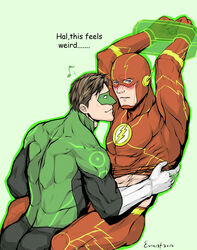  2boys animification artist_name ass bara barry_allen black_bodysuit blush bodysuit bound bound_wrists brown_hair closed_mouth dc_comics domino_mask english_text evinist gloves green_bodysuit green_lantern green_lantern_(series) hal_jordan jewelry large_pectorals looking_at_another male_focus mask multiple_boys muscular muscular_male pectorals red_bodysuit restrained ring short_hair simple_background smile the_flash the_flash_(series) white_gloves yaoi 