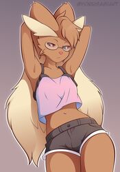  anthro big_ears bottomwear brown_body brown_fur bulge clothed clothing crop_top eyewear fur generation_4_pokemon girly glasses hands_behind_head hotpants lagomorph long_ears lopunny male mammal midriff nintendo pokemon pokemon_(species) shirt shorts simple_background solo topwear yorusagi 