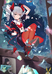  absurdres alternate_costume amomo black_footwear black_gloves breaking bronya_zaychik bronya_zaychik_(yamabuki_armor) closed_mouth demon_tail drill_hair female glass_shards gloves grey_eyes grey_hair hair_between_eyes highres homu_(honkai_impact) honkai_(series) honkai_impact_3rd looking_ahead night night_sky photo_(object) raiden_mei red_legwear short_sleeves sky solo tail twin_drills 