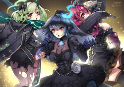  3girls alice_(sinoalice) belt black_legwear blue_hair blush bow breasts choker cleavage commentary_request dorothy_(sinoalice) dress facepaint glasses goth_fashion green_hair hair_ornament hairbow hairclip hat highres holding holding_microphone jacket large_breasts little_match_girl_(sinoalice) long_hair looking_at_viewer mibry_(phrysm) microphone multiple_girls music open_mouth petticoat purple_eyes purple_hair red_eyes ribbon scarf short_hair singing sinoalice studded_belt studded_jacket thighhighs top_hat torn_clothes torn_legwear veil zettai_ryouiki 