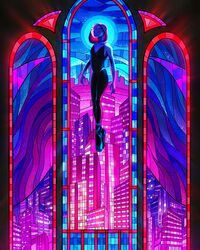  ballet_slippers bodysuit breasts building city commentary devin_elle_kurtz english_commentary female hood hooded_bodysuit hoodie marvel mask photoshop_(medium) shoes small_breasts solo spider-gwen spider-man:_into_the_spider-verse spider-man_(series) spider-verse stained_glass superhero_costume uniform 