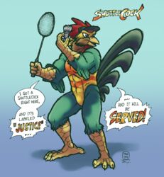  2019 3_toes abs absurd_res anthro avian badminton_racket barefoot beak biped bird brown_body brown_feathers clothed clothing english_text feathers feet full-length_portrait green_body green_feathers hi_res holding_racket leotard male megawolf77 muscular muscular_anthro muscular_male open_beak open_mouth portrait scuted_arms scutes shuttlecock solo spread_toes tail tail_feathers talons text toes yellow_clothing 