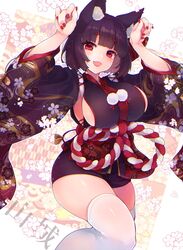  :d animal_ear_fluff animal_ears azur_lane black_hair breasts cat_ears character_name commentary_request female floral_background floral_print highres large_breasts long_sleeves looking_at_viewer mismatched_eyebrows nail_polish oerba_yun_fang open_mouth paw_pose red_eyes red_nails rope shichijou_natori shimenawa sideboob sideless_kimono smile solo thighhighs white_thighhighs wide_sleeves yamashiro_(azur_lane) yamashiro_(retrofit)_(azur_lane) 