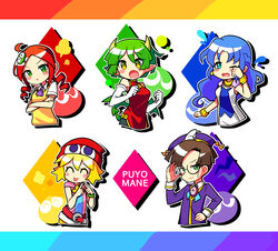  1boy 4girls ^_^ ahoge amitie_(puyopuyo) andou_ringo aqua_eyes blonde_hair blue_hair blush bracelet breasts brown_hair china_dress chinese_clothes closed_eyes closed_mouth commentary crossed_arms draco_centauros dragon_girl dragon_horns dragon_tail dragon_wings dress drill_hair elbow_gloves facing_viewer glasses gloves green_eyes green_hair highres horns jewelry klug_(puyopuyo) korean_commentary large_breasts long_hair looking_at_viewer multiple_girls oerba_yun_fang offbeat one_eye_closed open_mouth pointy_ears pout pouty_lips puyo_(puyopuyo) puyopuyo puyopuyo_7 puyopuyo_fever red_dress red_hair red_headwear round_eyewear rulue_(puyopuyo) short_hair sleeveless sleeveless_dress smile sweatdrop tail tongue tongue_out twin_drills white_gloves wings 