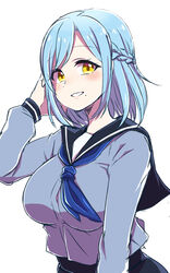  black_sailor_collar black_skirt blue_hair blue_neckerchief bob_cut braid breasts female french_braid grey_shirt highres konboi-eg large_breasts long_sleeves looking_at_viewer medium_hair moira_(nijisanji) mole mole_under_mouth neckerchief nijisanji sailor_collar school_uniform serafuku shirt simple_background skirt smile solo upper_body virtual_youtuber white_background yellow_eyes 