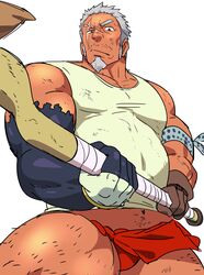  1boy absurdres amatsumara_(housamo) bara bare_shoulders black_skin bulge colored_skin cowboy_shot dark-skinned_male dark_skin eyebrow_cut facial_hair fat fat_man fundoshi goatee highres holding holding_weapon japanese_clothes leg_hair long_sideburns looking_at_viewer male_focus male_underwear mature_male midriff_peek multicolored_skin muscular muscular_male navel navel_hair old old_man plump red_eyes red_fundoshi red_male_underwear ruizu_(takakisan503) scar scar_across_eye scar_on_face short_hair sideburns solo tank_top thick_thighs thighs tokyo_afterschool_summoners two-tone_skin underwear weapon white_hair white_tank_top 