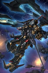  alkham bad_id bad_twitter_id battle energy explosion glowing glowing_eye gundam gundam_astray_gold_frame_amatsu_mina_custom gundam_seed gundam_seed_astray high_heels highres mecha no_humans robot space sword weapon 