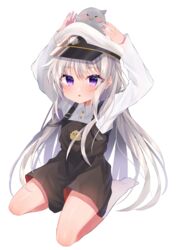  :o absurdres animal_on_head arms_up azur_lane bird blush character_print chick collared_shirt commentary_request female full_body hair_between_eyes hat highres kneehighs little_enterprise_(azur_lane) long_hair long_sleeves looking_at_viewer manjuu_(azur_lane) military_hat on_head overall_skirt peaked_cap purple_eyes seiza shirt sidelocks simple_background sino_rameko sitting socks solo very_long_hair white_background white_hair white_hat white_shirt white_socks 