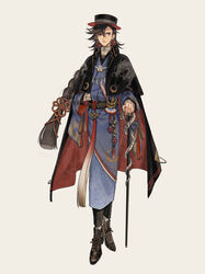  1boy black_cape black_footwear black_hat blue_kimono boots braid brown_hair cane cape commentary_request earrings fedora flower_knot full_body hat high_heel_boots high_heels holding holding_cane japanese_clothes jewelry kimono long_hair long_sleeves male_focus onmyoji onmyoji:_the_card_game red_cape single_braid solo susabi_(onmyoji) tassel tsubonari two-sided_cape two-sided_fabric 